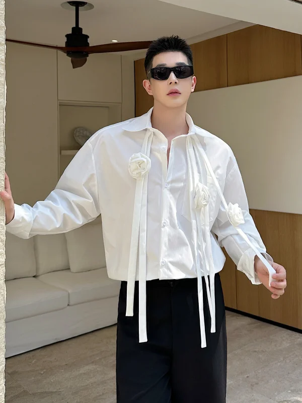 

Spring 2025 Handmade High-End Men's Long Sleeve Shirt Loose Fit Trendy Floral Pattern No Brand Youth Popular Style