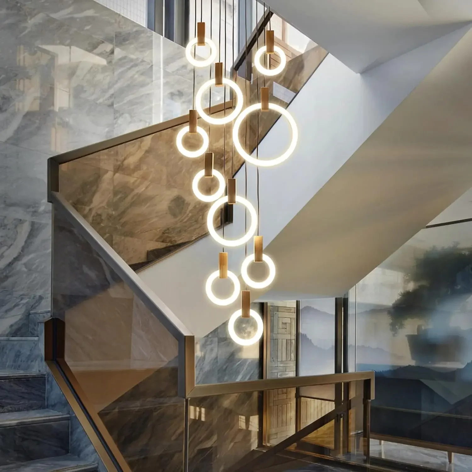 10 Rings Modern Dimmable LED Chandeliers for Staircase High Ceiling Living Room Wooden Base Acrylic Lampshade Pendant Light Hote
