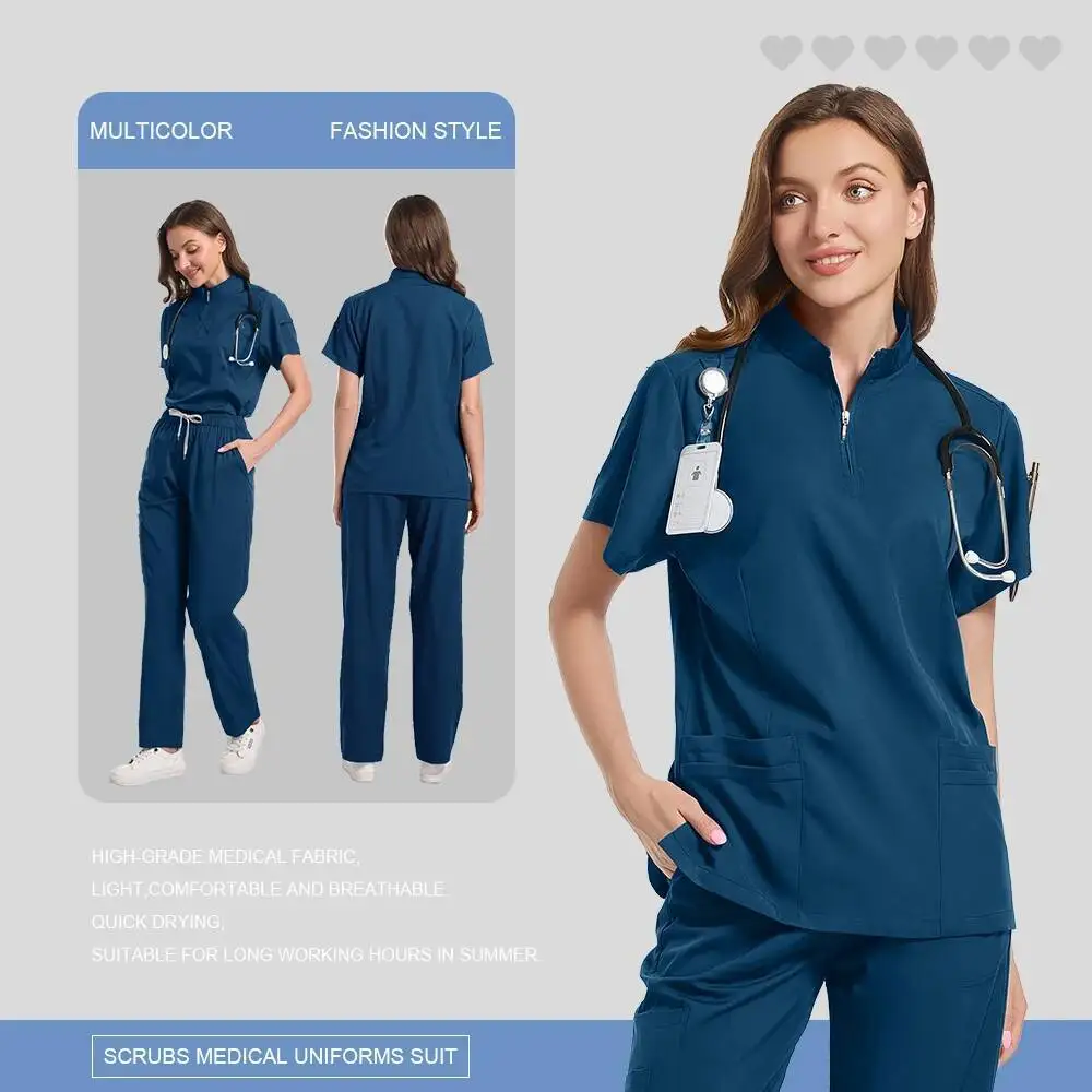 

Spa Scrubs Women Breathable Soft Short Sleeved Top Joggers Pants Zipper Collar Beauty Salon Nail Technician Work Uniform