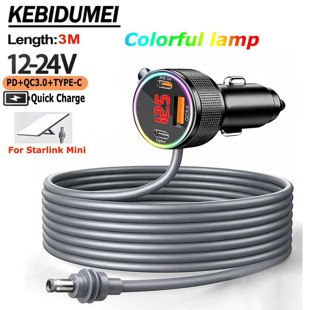 3M DC Power Cable 12V-24V For Starlink Mini, PD30W+QC3.0+Type-C 3Ports Charger Outlet Waterproof with Voltmeter Atmosphere Lamp