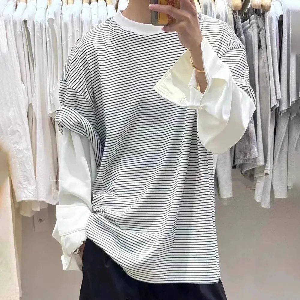 

Mens T-Shirt Long Sleeve Y2K Japanese Striped Youthful Top Fake Two-Piece Oversize Niche Fashion Campus T-Shirt Men'S Clothing