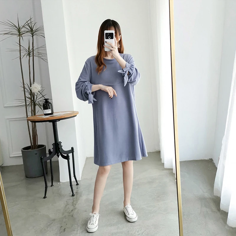 Maternity Autumn Nursing Clothes Spring Autumn Cotton Long Sleeve Loose Stylish Slimming Dress for Pregnant Women Mom Dress