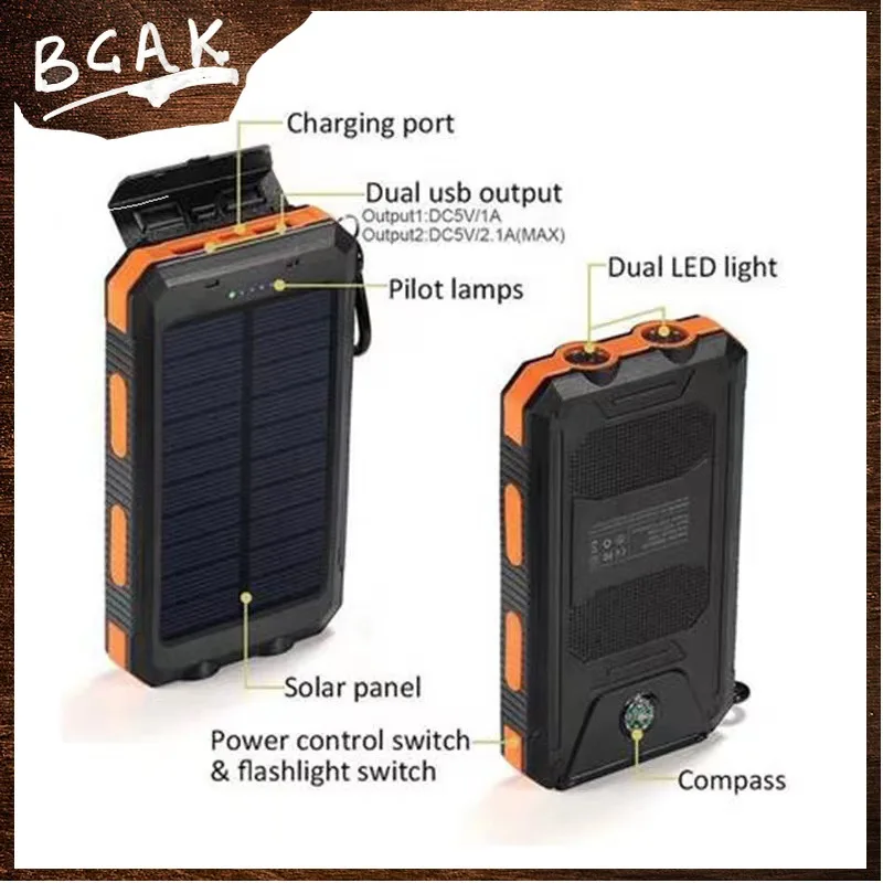 New Style 200000mAh  Large Capacity Solar Power Bank New Portable With Lanyard Compass External Battery Outdoor Camping Charging