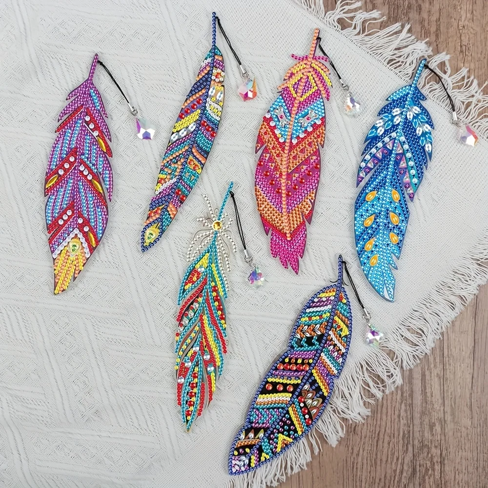 Paquete de 6 marcapáginas con pintura de diamantes, marcapáginas con plumas para el hogar, oficina, escuela, aula, marcapáginas con colgante de cristal, pintura de diamantes 5D, regalos navideños hechos a mano para principiantes