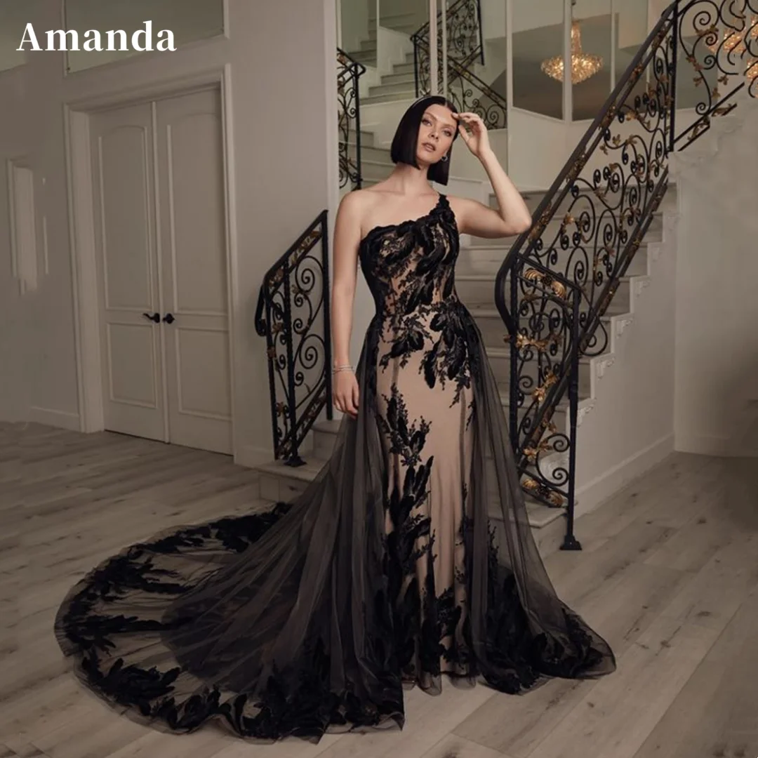 

Amanda Lace Embroidery Mermaid Tulle Prom Dress One Shoulder Backless فساتين السهرة Elegant Detachable Train Evening Dress