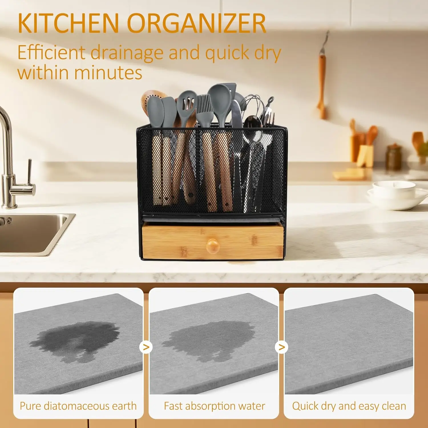 2-in-1 Kitchen Utensil Holder with Drawer & Quick-Dry Diatomite Pad