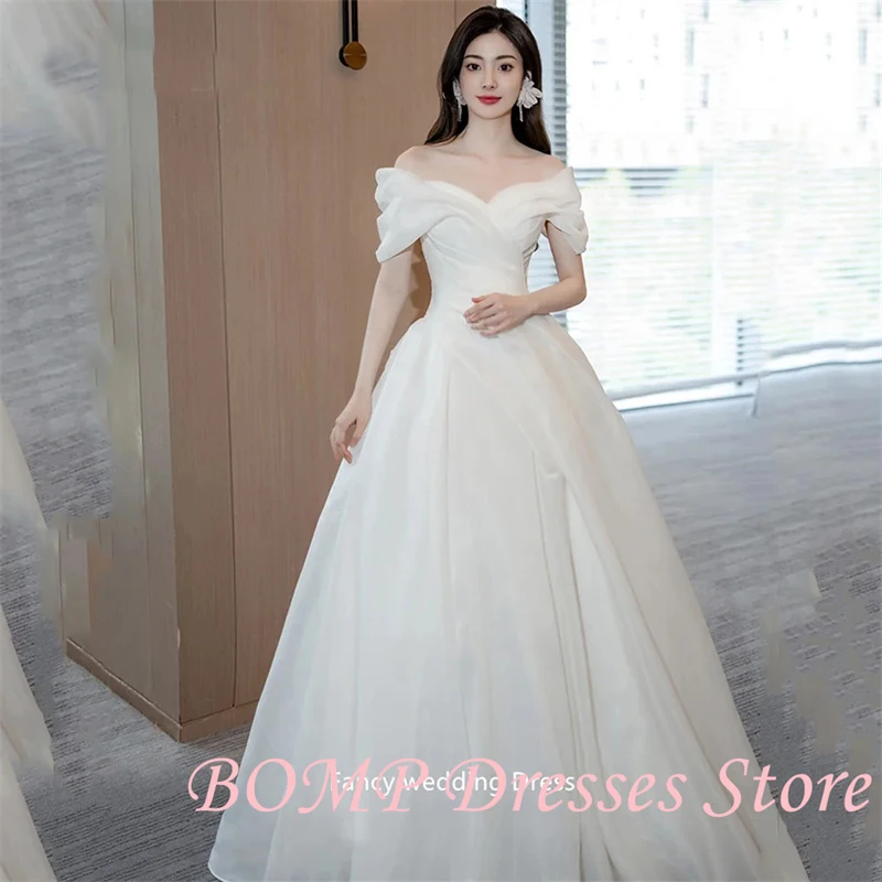 BOMP Princess Korea Off Shoulder Wedding Dress Photography Organza Short Sleeve Long Train Pleats Bridal Gown customized