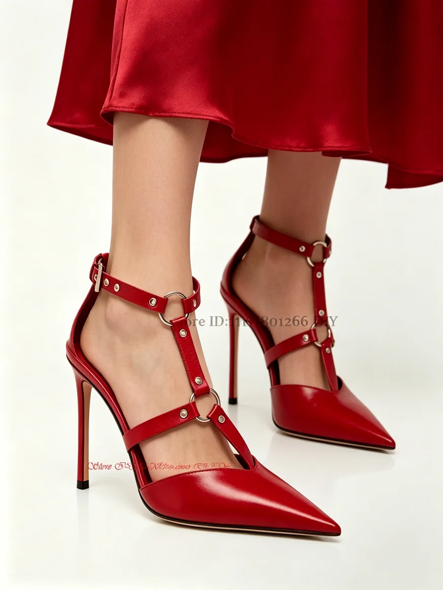Metal BuckleDecor Belt Strap Leather Women Pumps High Heel Shoes Punk Rock Gothic Pointy Thin Heels Elegant Concise Sexy Shoe