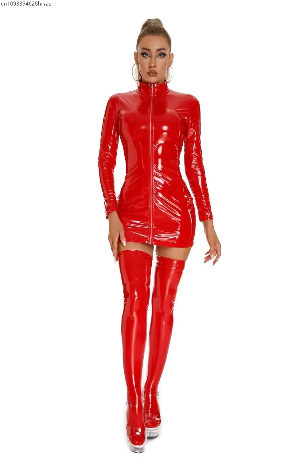 

Womens Sexy PVC Leather Bodycon Dress Wet Look Sleeveless Zipper Dress Stretch Latex Club Mini Dress Carnival Party Costume