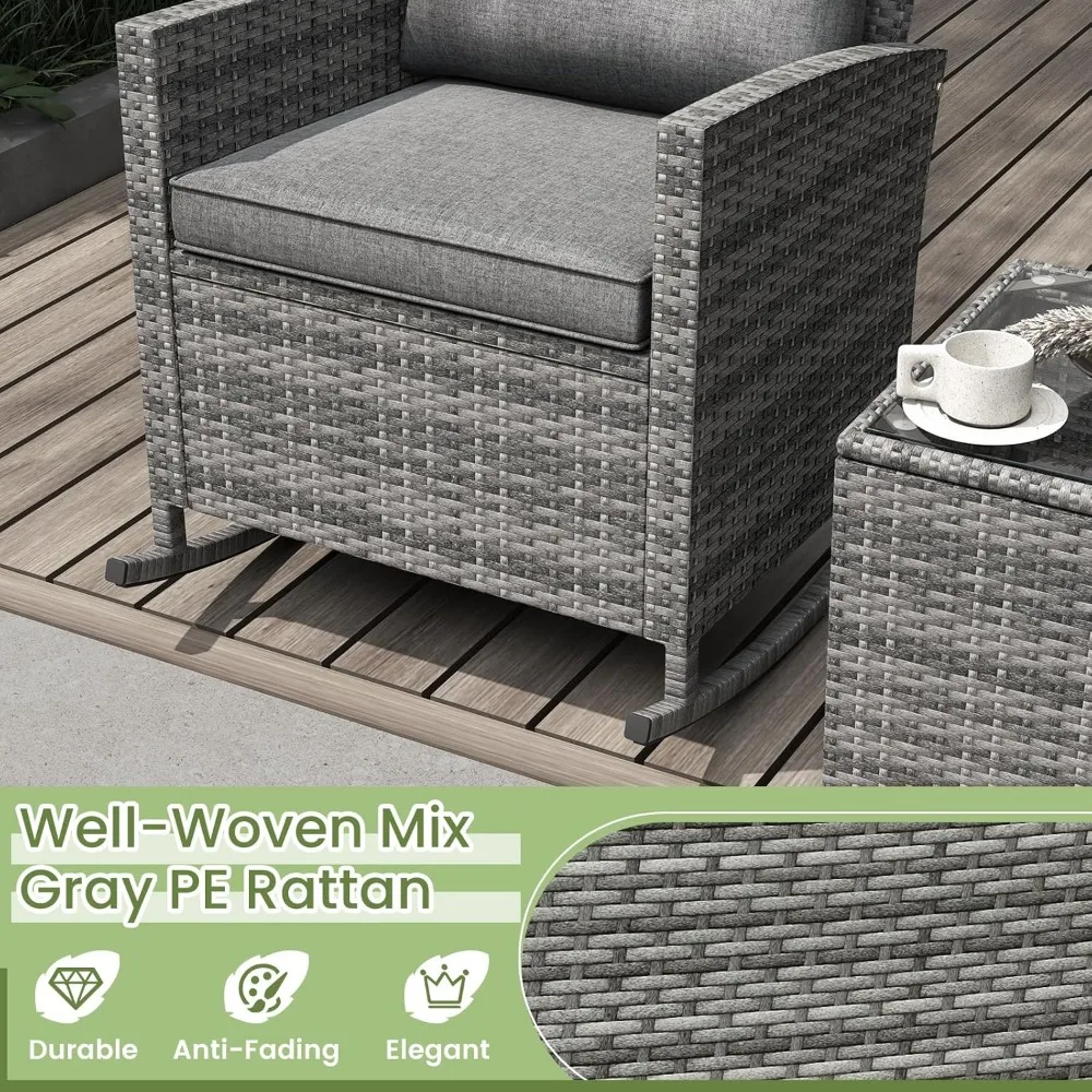 3-Piece Outdoor Wicker Rocking Chair Set with Cushions and Glass Top Coffee Table