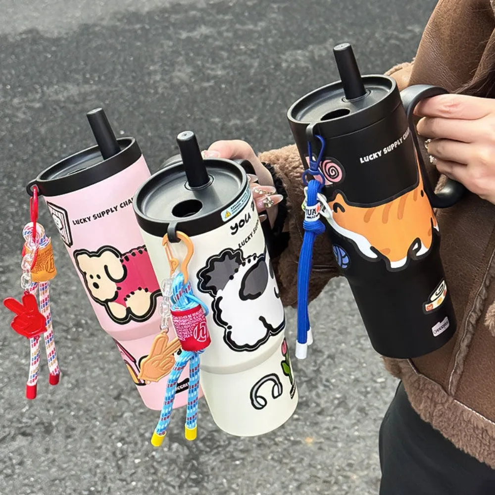 Stainless Steel Thermos Cup Large Capacity Cartoon Straw Mug with Handle Double Drink Insulated Tumbler Bottle for Home School