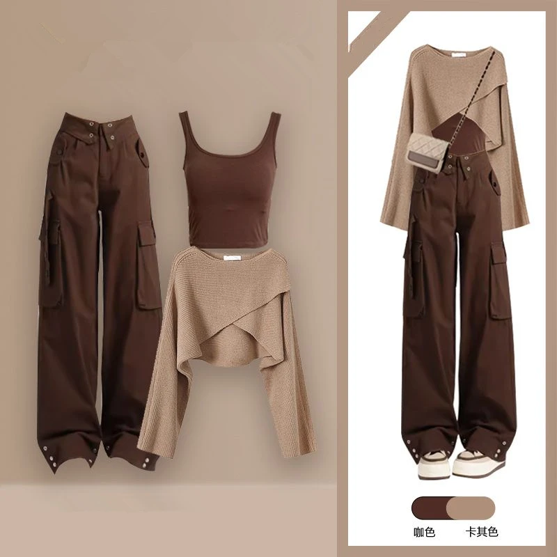 2024 Autumn Winter Women Safari Style Clothing Matching Set Lady Casual Sweater Vest Cargo Pants Suits Knit Tops Trousers Outfit