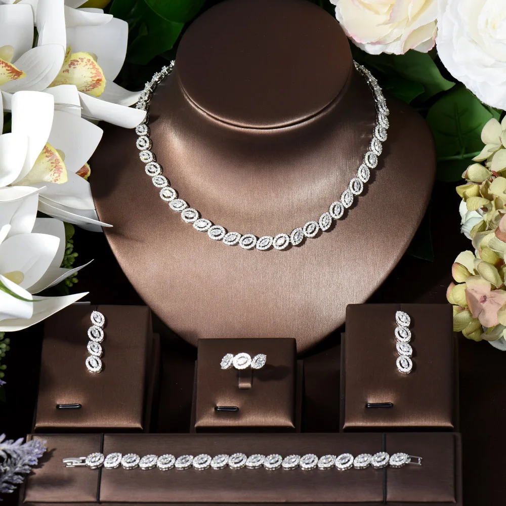HIBRIDE Full Micro Pave Round Shape 4PCS Necklace Earring Set Cubic Zirconia Jewelry Sets For Women Bridal Wedding Bijoux N-1010