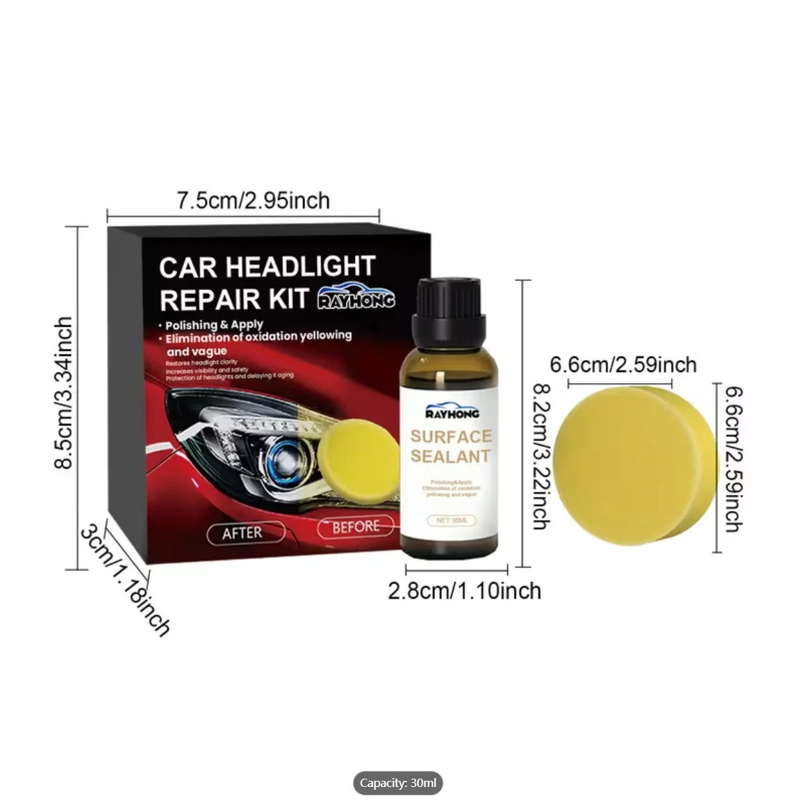 Car Headlight Repair Kit, 30ml - Surface Sealant to Remove Oxidation & Yellowing, Restore Headlight Clarity for Safe Driving