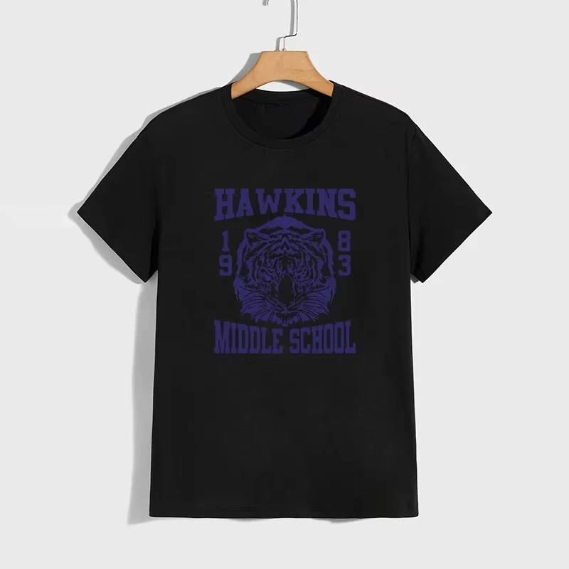Unisex Retro Hawkins Middle School 1983 Tiger Graphic T‑Shirt Popular TV Show Inspired Casual Short Sleeve Tops for Men Women