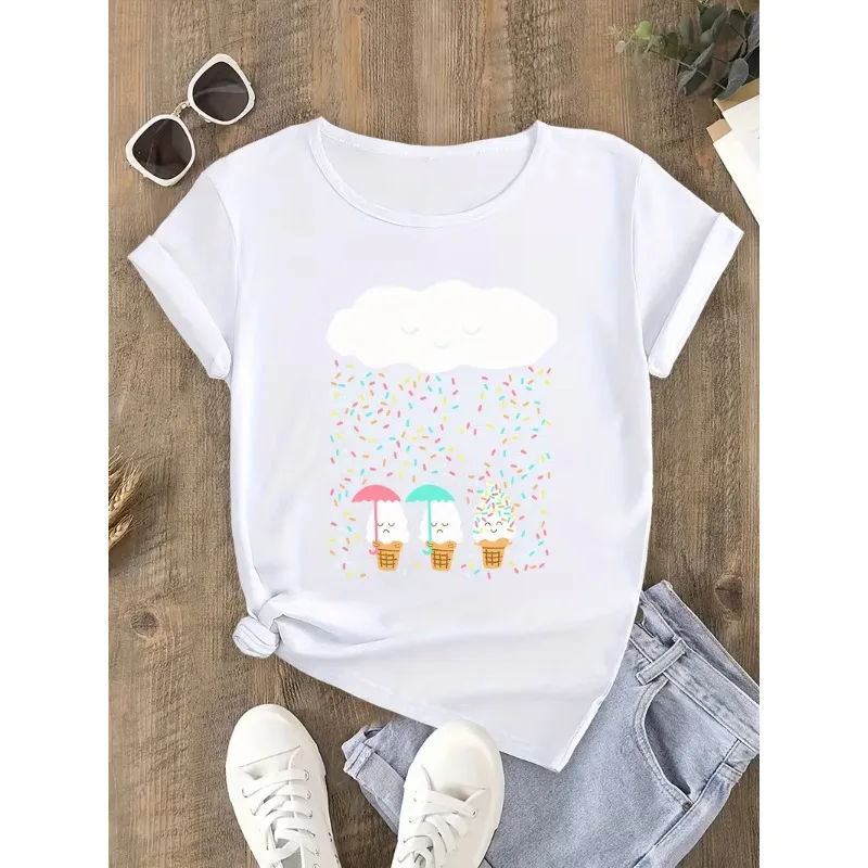 Cute Cloud Sprinkling Ice Cream Graphic T-Shirt Funny Dessert with Umbrella Print Casual Short Sleeve Loose Fit Crew Neck Top