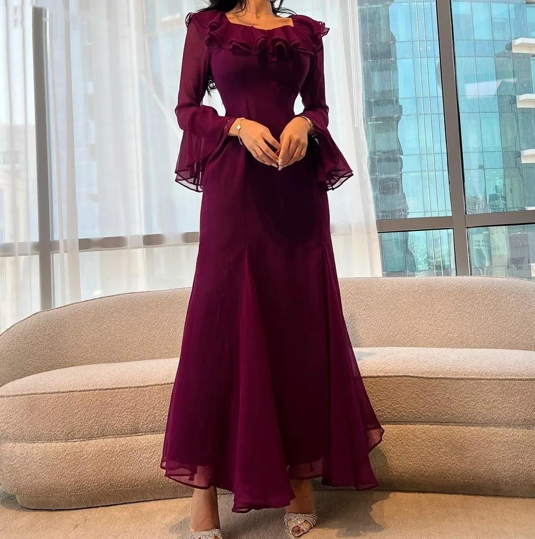 

Flora Dress Purple Chiffon Vintage Square Collar Ruffles Long Sleeves Mermaid Formal Occasion Prom Dress Evening Party Gowns