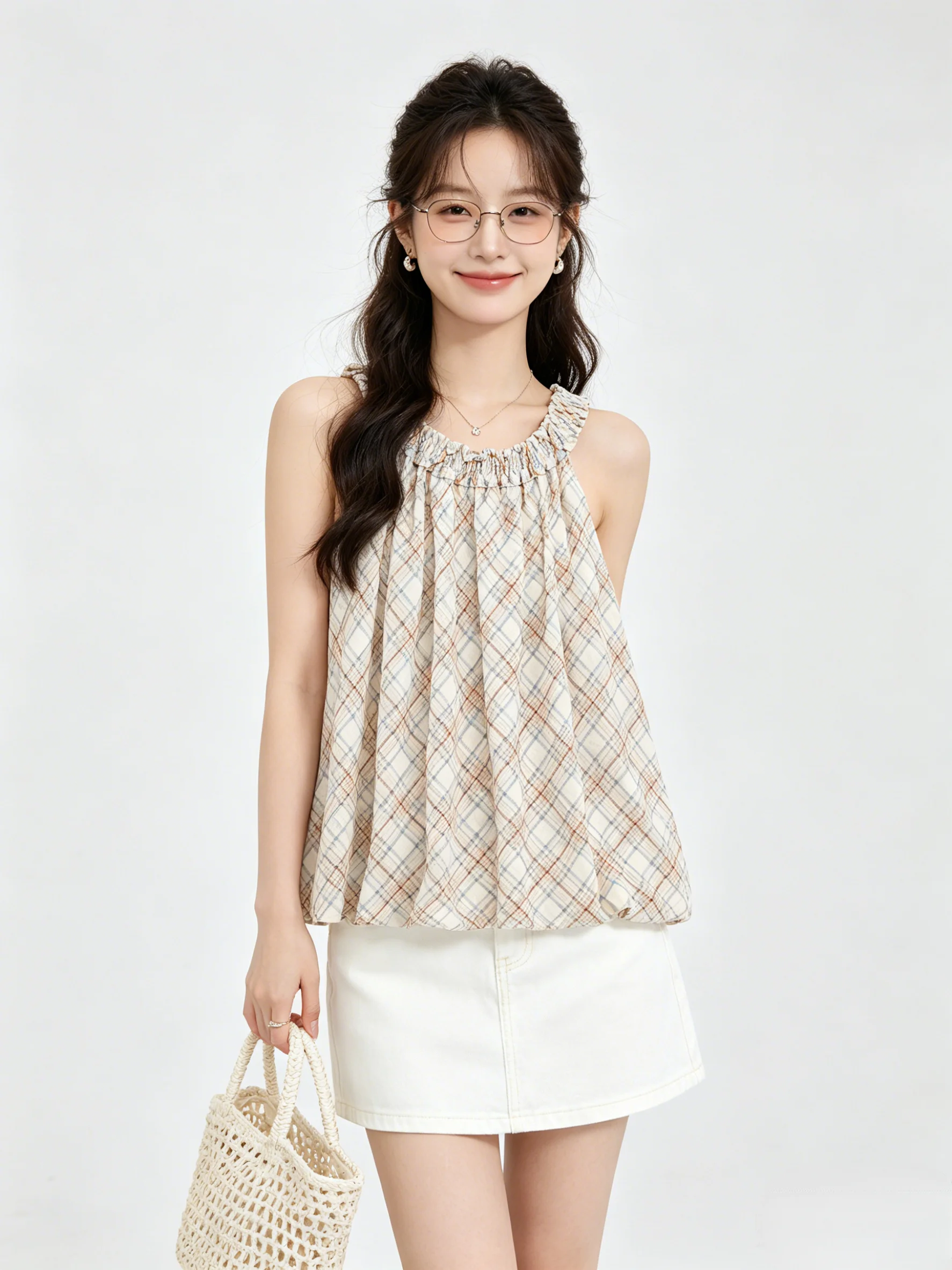 

Korean Style Vintage Plaid Neck Hanging Strap Vest Women Summer Outerwear Sweet Girl Top Versatile Short Length Breathable