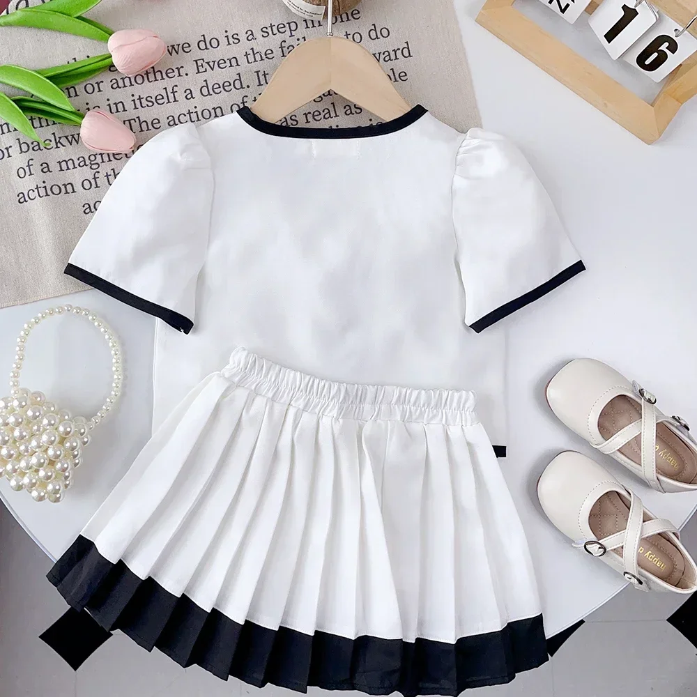 New Girls' Set Fashion Girls Summer Academy Style Short Sleeve Top+Pleated Skirt 2 Pieces Children's Clothing