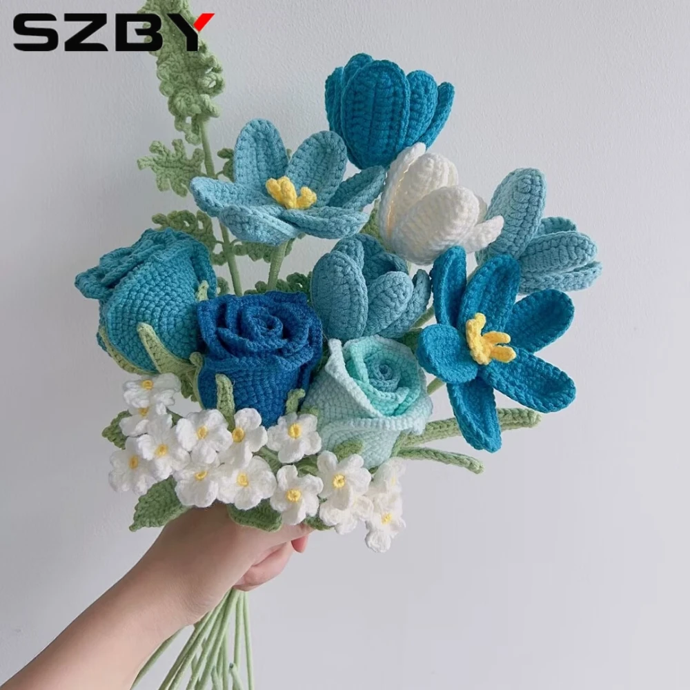 Букет цветов крючком Вязаный букет цветов ручной работы с розами и тюльпаном на День матери, день рождения, свадьбу, домашний декор