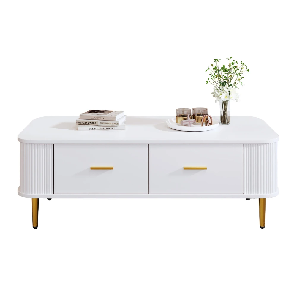 Gebogener Eck-Wohnzimmertisch, goldene Hardware, gewellte Seiten, Doppelfunktions-Couchtisch und Beistelltisch mit Schubladen – Detail 1