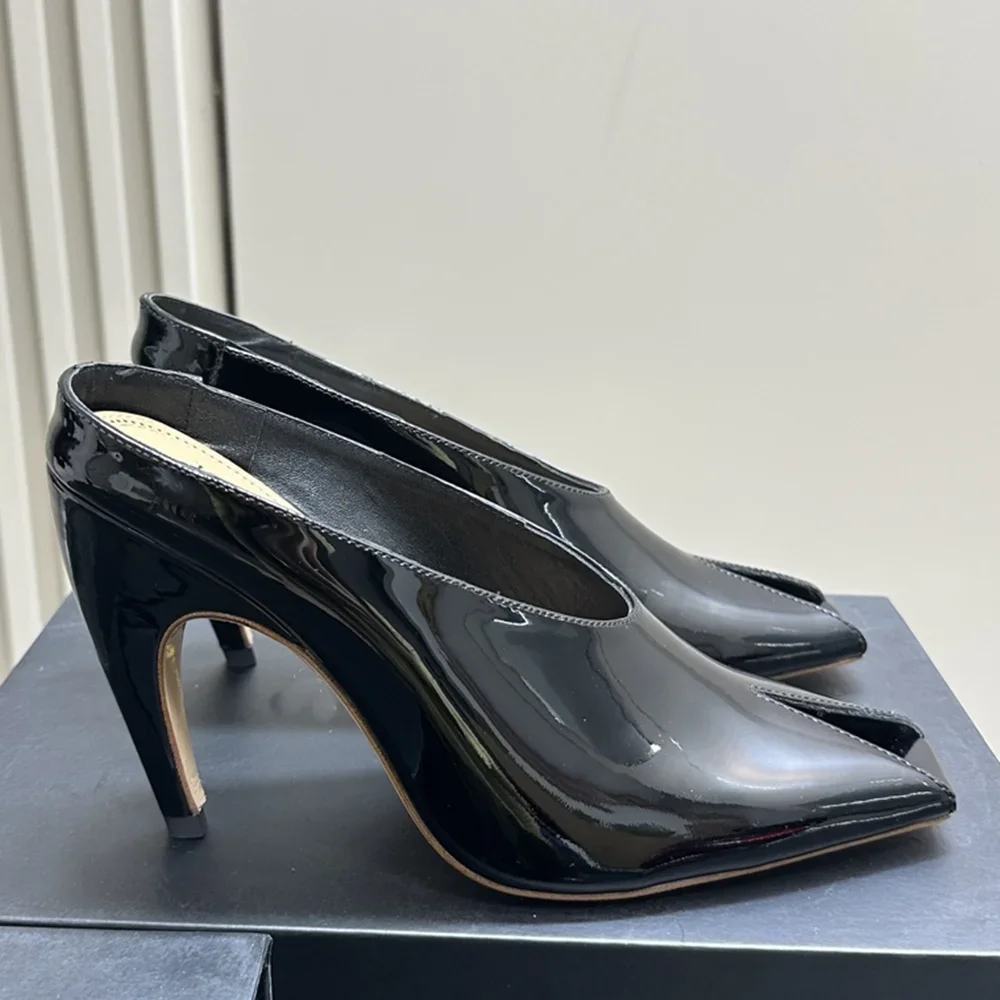 

Peep Toe Patent Leather Slippers Sexy Square Toe Thin Heel Accerp Customized Solid New Arrivals Fashion Women Modern Shoes