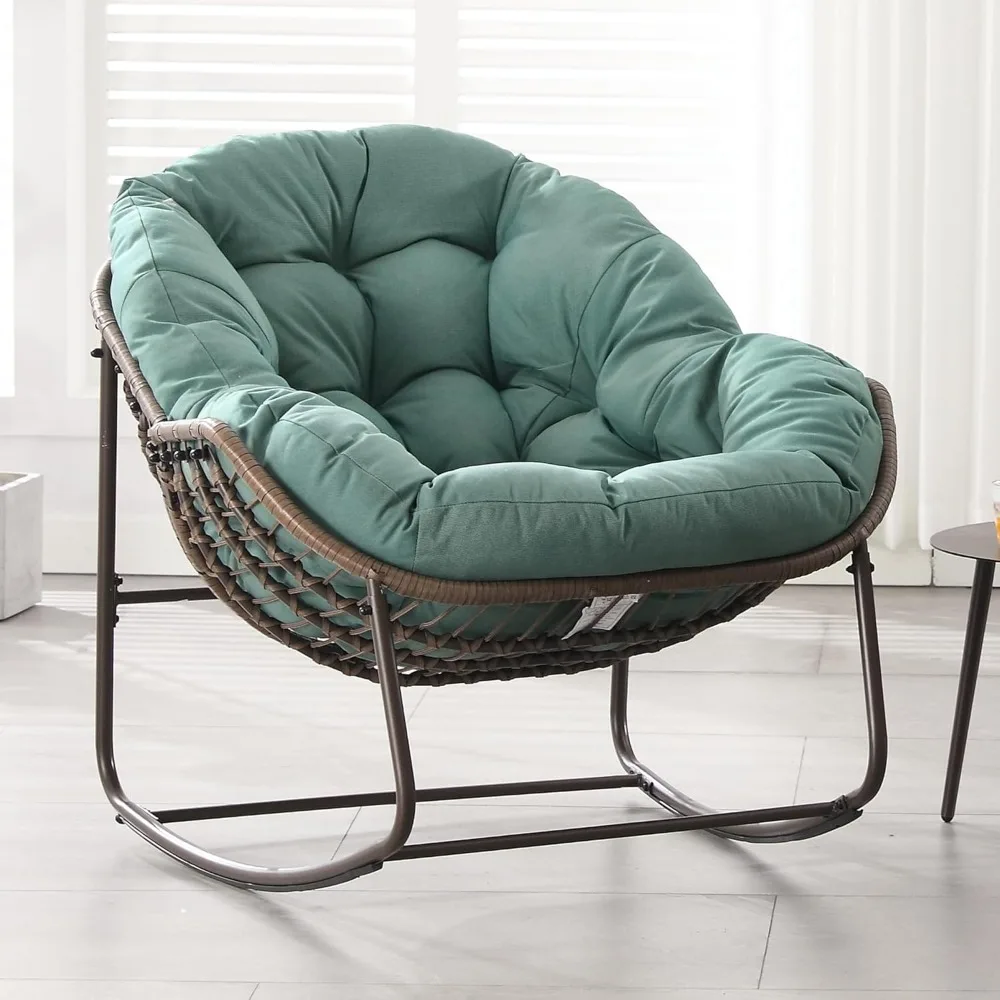 Outdoor Papasan Rocking Chair - Oversized Comfy Patio Chair Indoor Egg Royal Rattan Rocking Chair with Cushion for Front Porch