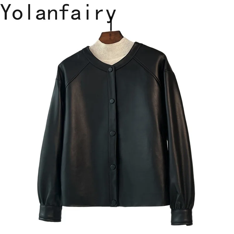 YOLANFAIRY High-end Top Layer Sheepskin 100% Genuine Leather Jacket Women Fashion Real Leather Coat O-neck Black Leather Jackets