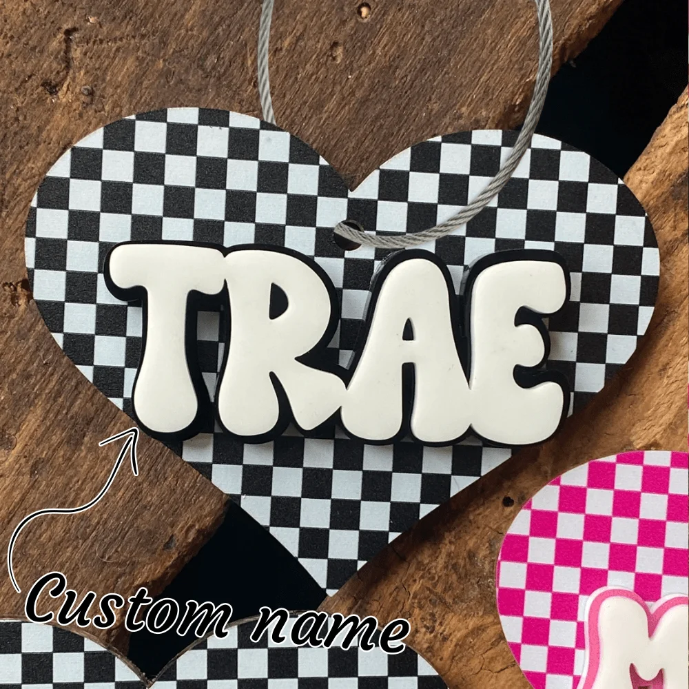 Custom Heart Hanging Ornament Personalized Checkered Tag Cut Acrylic Name Home Decoration Valentine's Gifts Custom Name Ornament