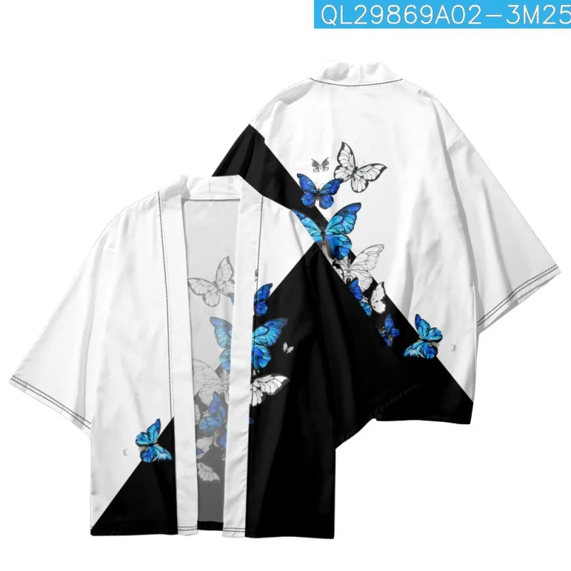 

Butterfly Printed Black White Splicing Streetwear Men Women Japanese Kimono Beach Shorts Yukata Shirt Haori Cardigan Cosplay