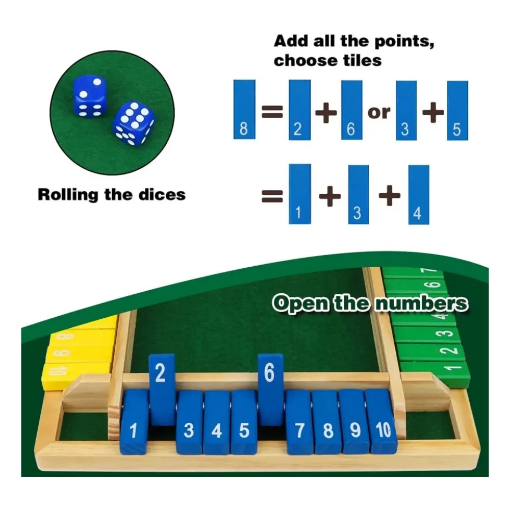 Shut Box Game 2-4 pemain, papan kayu keluarga dadu permainan klasik meja meningkatkan permainan matematika untuk ruang kelas pesta Pub