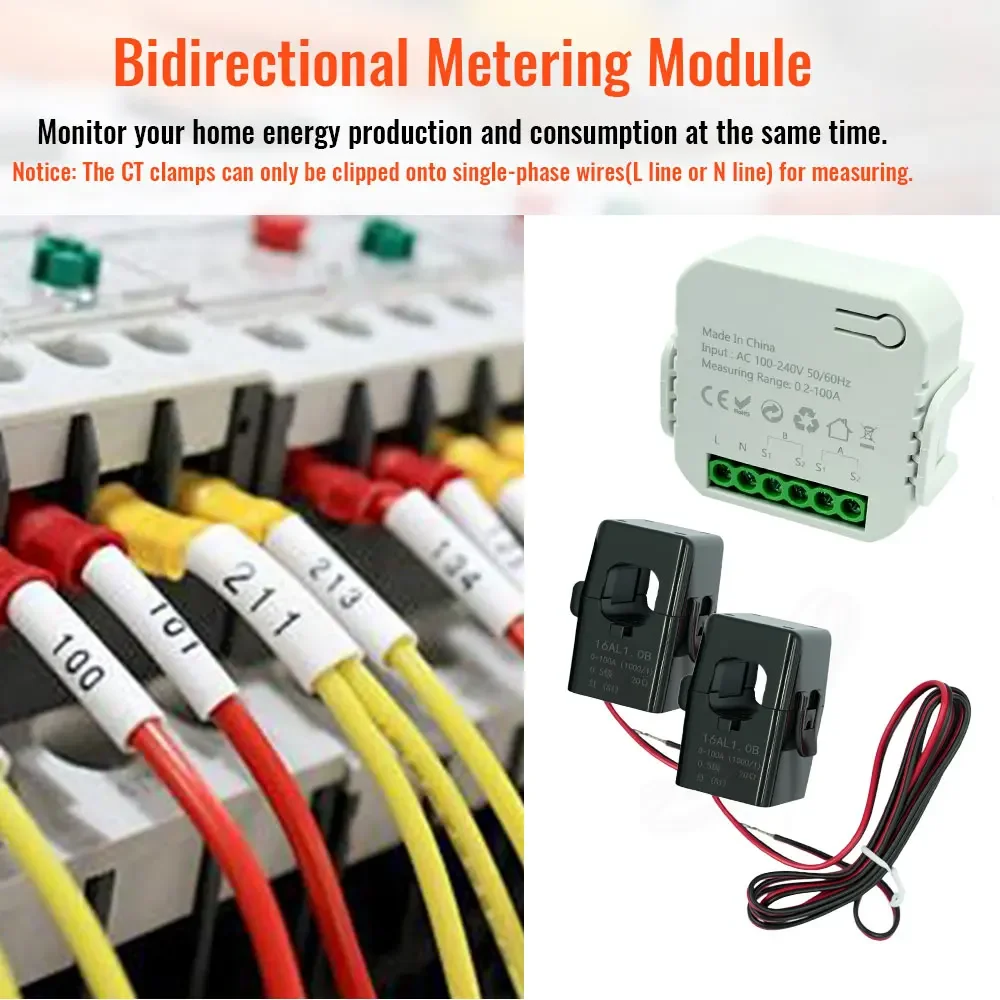 Tuya WiFi مقياس الطاقة الذكي مع محول CT - مراقبة ثنائية الاتجاه لتوليد نظام الطاقة الشمسية الكهروضوئية والتحكم في تطبيق الاستهلاك