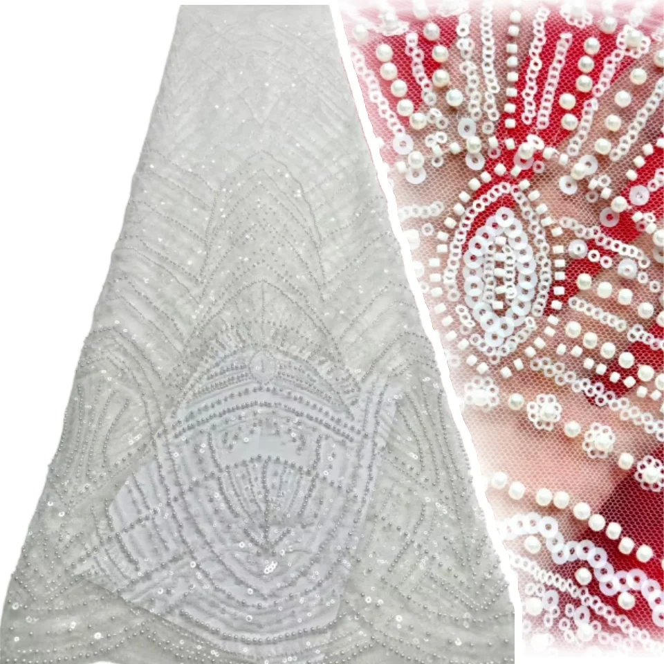 

African Lace Fabric Beaded Lace Fabric With Sequins Nigerian Bridal High Quality Embroidery Tulle Lace Fabric For Wedding TP1684