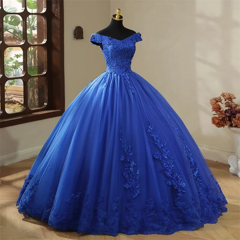 2024 New Blue Quinceanera Dresses Sweet Flowers Party Dress Luxury Lace Ball Gown Vintage Boho Vestidos Pluse Size Custom Color