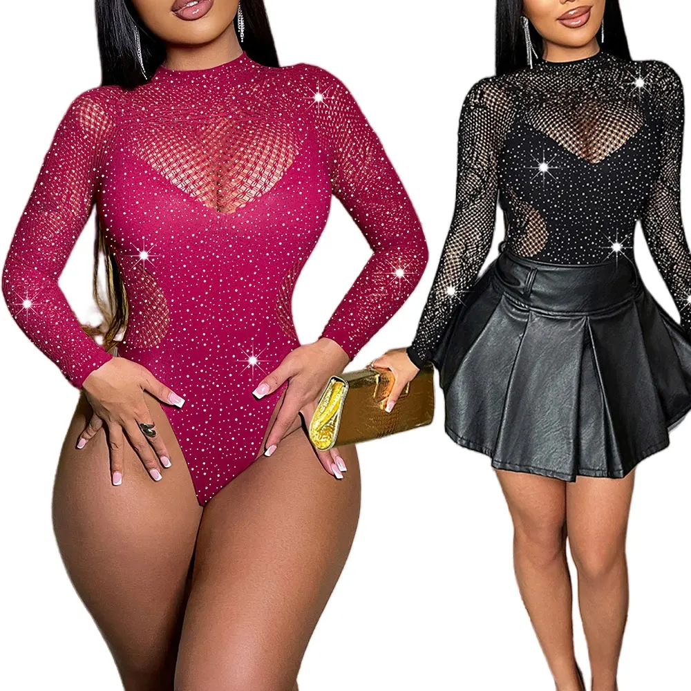 

Сексуальное женское прозрачное сетчатое боди с высоким воротом и блестящими стразами и длинными рукавами, цельная клубная одежда, танцевальная одежда
