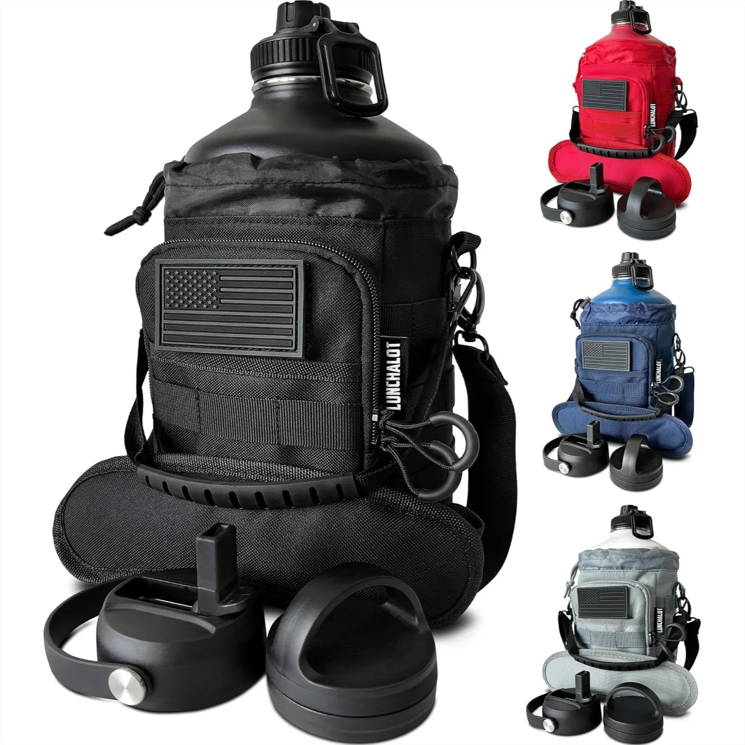 

1 Gallon Water Bottle 128 Oz Insulated Stainless Steel with Straw Spout Lids & Tactical Carrying Bag, Keep Cold Hot, Black