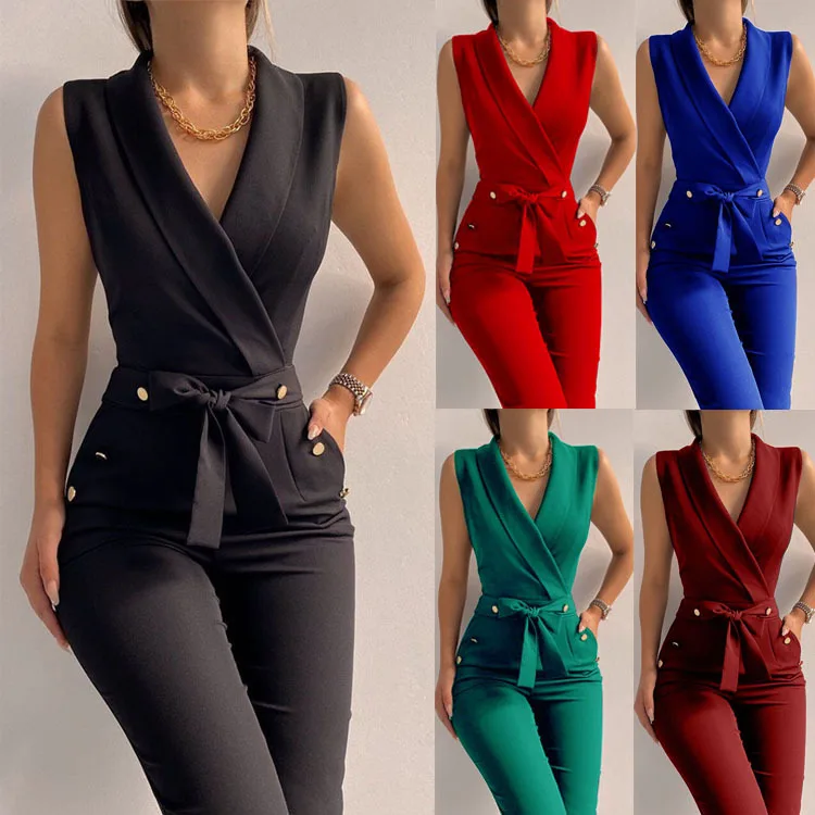 

Europe and America Spring and Summer Women Pants Button V-neck Sleeveless Cultivate One's Moral Character Jumpsuits