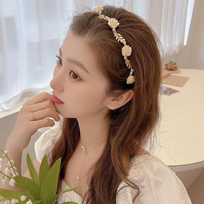 Vintage Hair Band Rose Pearl Headband Women Hairhands Sweet Bride Head Hoop Hair Clip Jewelry Elegant Wedding Hair Accessories