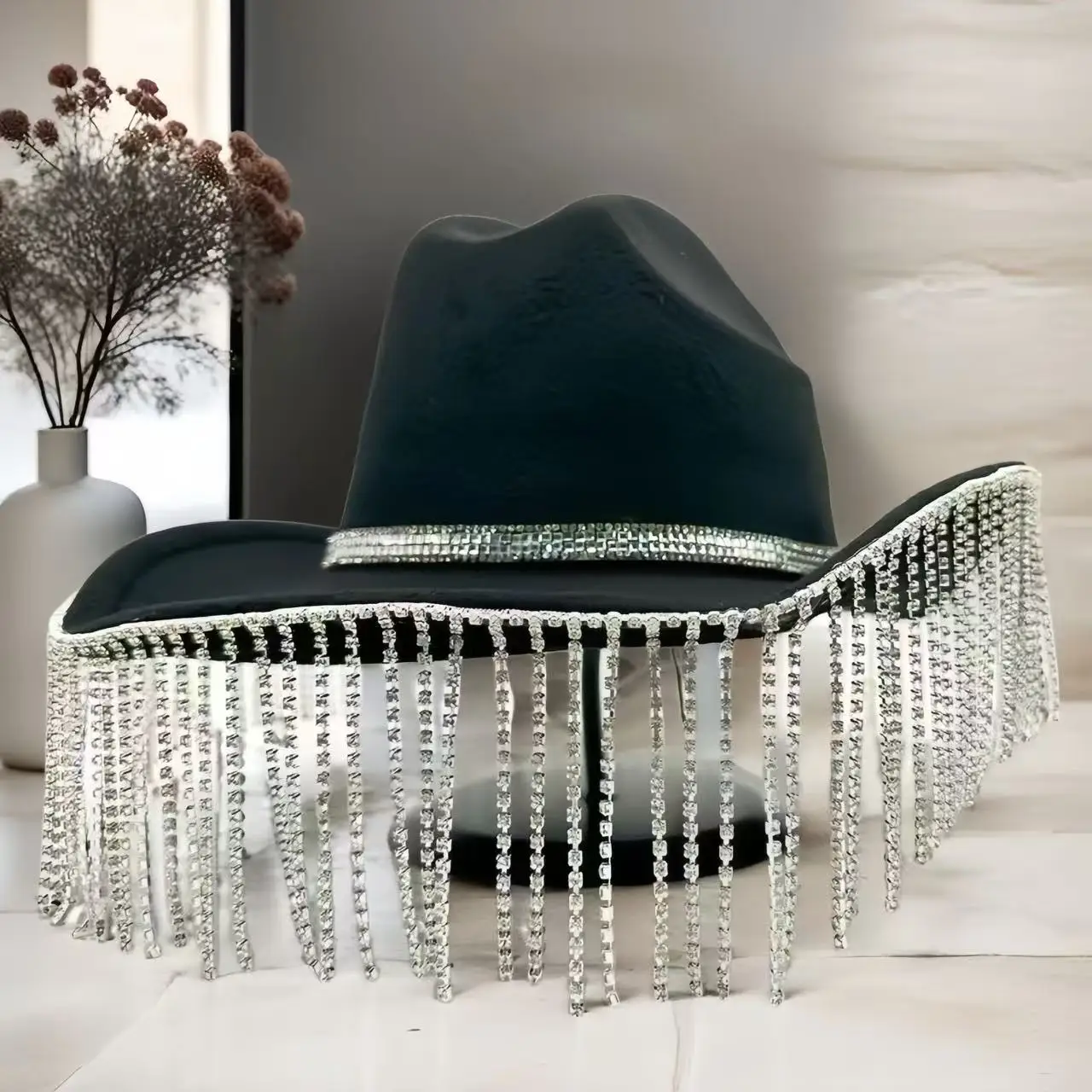 HongLuan Black Luxury Costume Hat Adult, Disco Cowboy Hats Rhinestone for Woman, Cowboy Cosplay Female Accessories & Cowgirl Cap