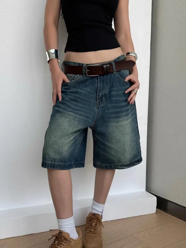 カジュアルルーズハイウエストブルーショーツ女性シックレトロ夏アメリカンデニム女性ショーツファッションストリートスリム女性ショーツ