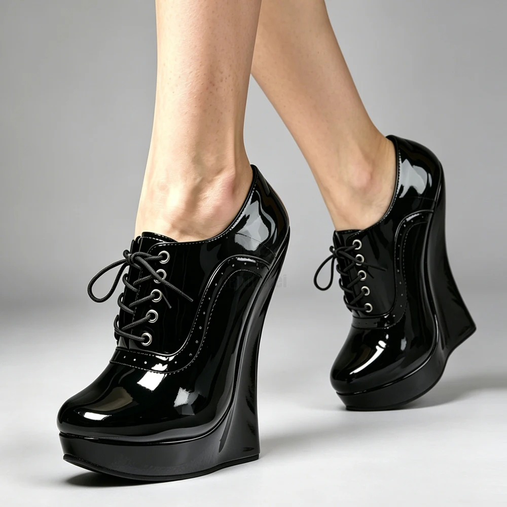 

18CM Black Patent Leather Extreme High Heel Platform Pumps Women Sexy Fetish Gothic Lace Up Wedding Party Plus Size 36-46