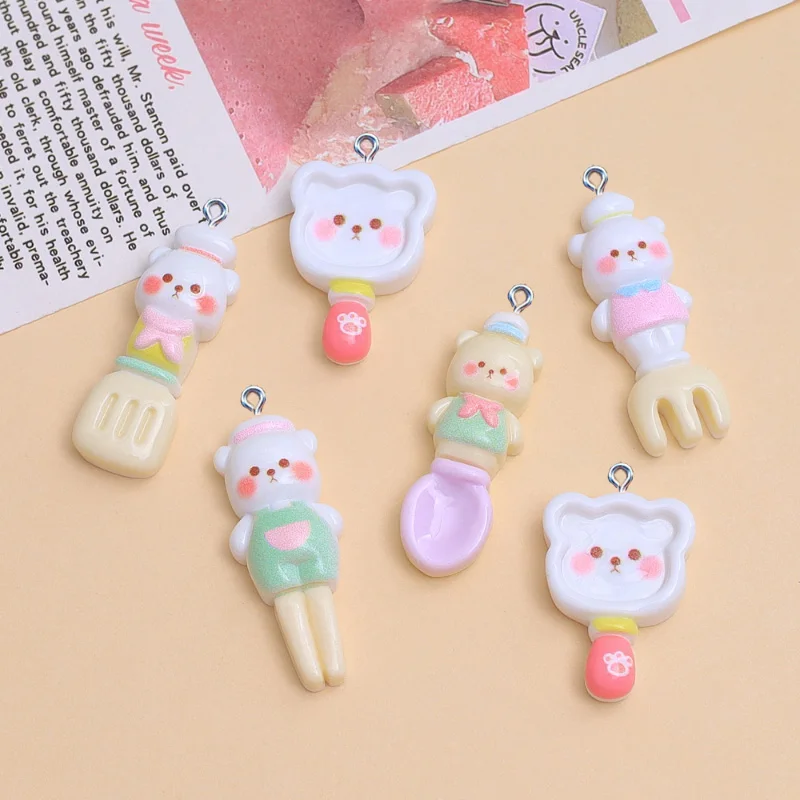 10Pcs Kawaii Bear Fork Spoon Chopsticks Resin Charms Pendants For Jewelry Making Accessories DIY Necklace Earrings Decoration