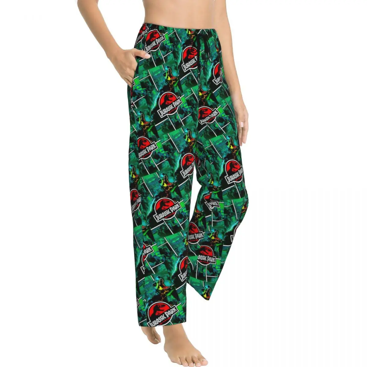Custom Jurassic World Park Pajama Pants Sleepwear for Women Elastic Waistband Dinosaur Film Sleep Lounge Bottoms with Pockets view 4