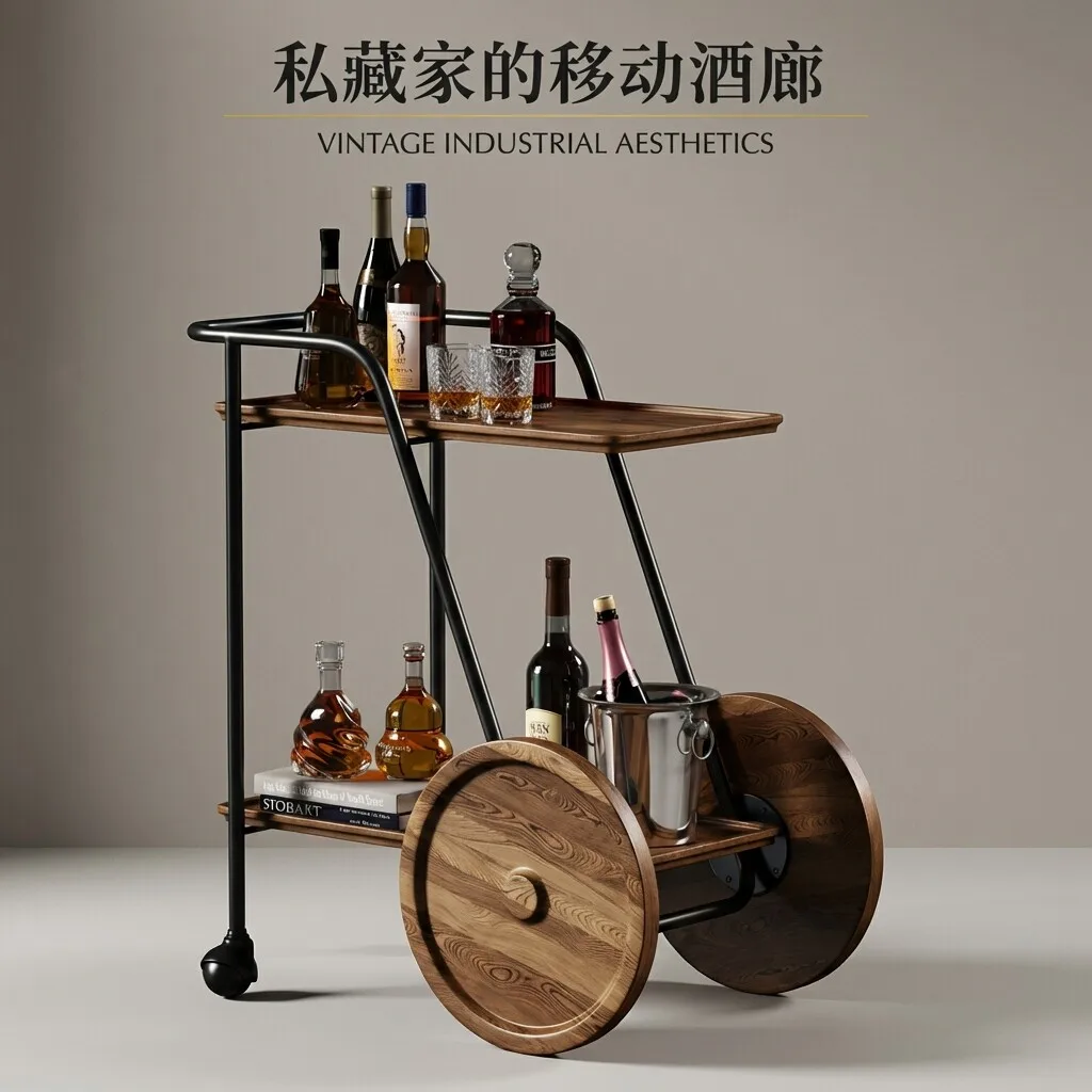 

High-end wine decoration food cart solid wood metal side table mobile wine storage rack bar cart wine rack
