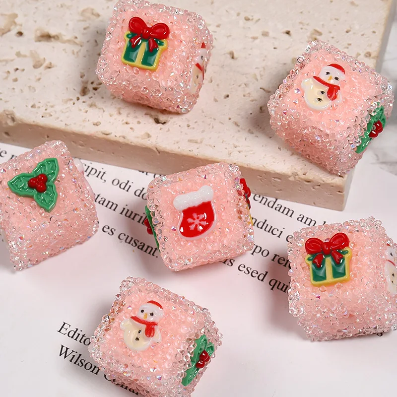 Handmade DIY Jewelry Findings 21mm 15mm Cube Square Clear Rhinestone Candy Style Acrylic Beads with Christmas Resin Patch Sticks