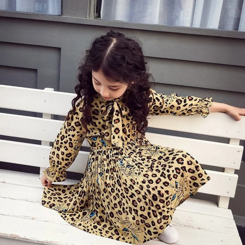 girl dress 2022 spring cartoon casual full sleeves Leopard Print kids children girls princess dress pink  1-12 years