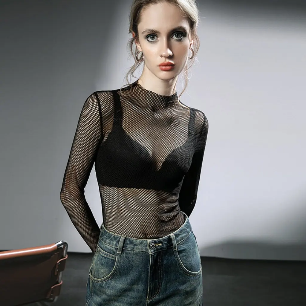 

Women's Long Sleeve Mesh Blouse European And American Style Pure Desire Base Grid Top Sexy High Collar Fishnet Hollow Design