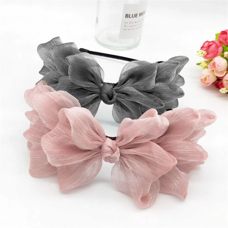 Fashion Retro Ribbon Big Bow Floral Shining Hair Band Women Hair Accessories Hair Hoop Black Pink Girls Flower Lace Bow Headband