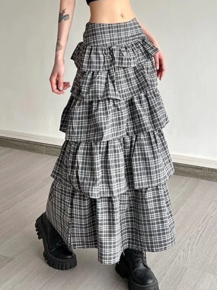 Deeptown Vintage Plaid Skirt Women Preppy Style Sweet Ruffle Cake Long Skirt Harajuku Fashion Patchwork Layered Skirts Street