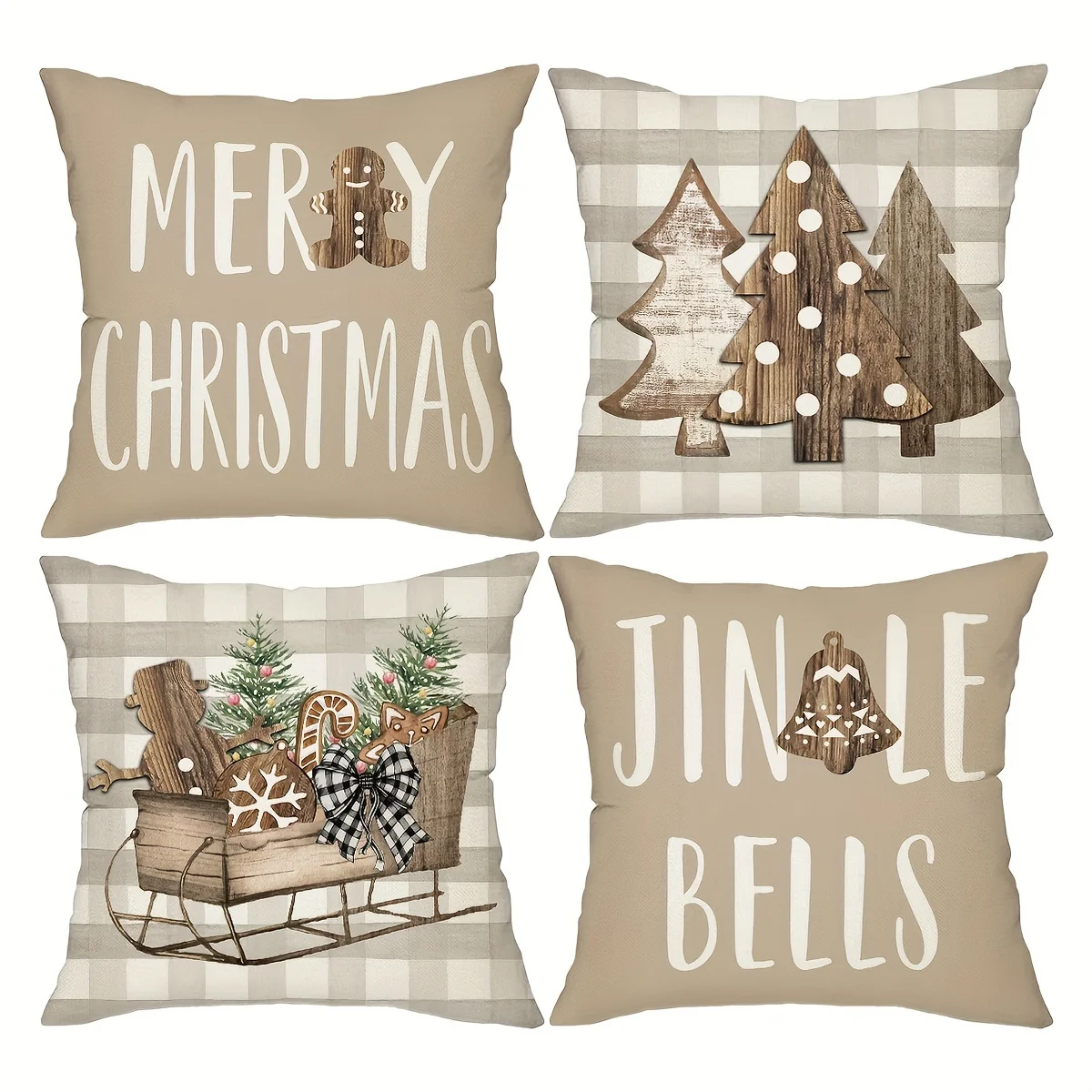 4pcs Farmhouse Christmas Pillow Covers, Wooden Tree Sleigh Print, 18x18 Inch, for Sofa Living Room Bedroom Decor